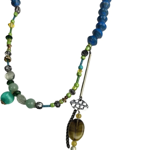 Blue Paper Beads assemblage Drop Bar Chain Rose Beads Necklace - Picture 3 of 5